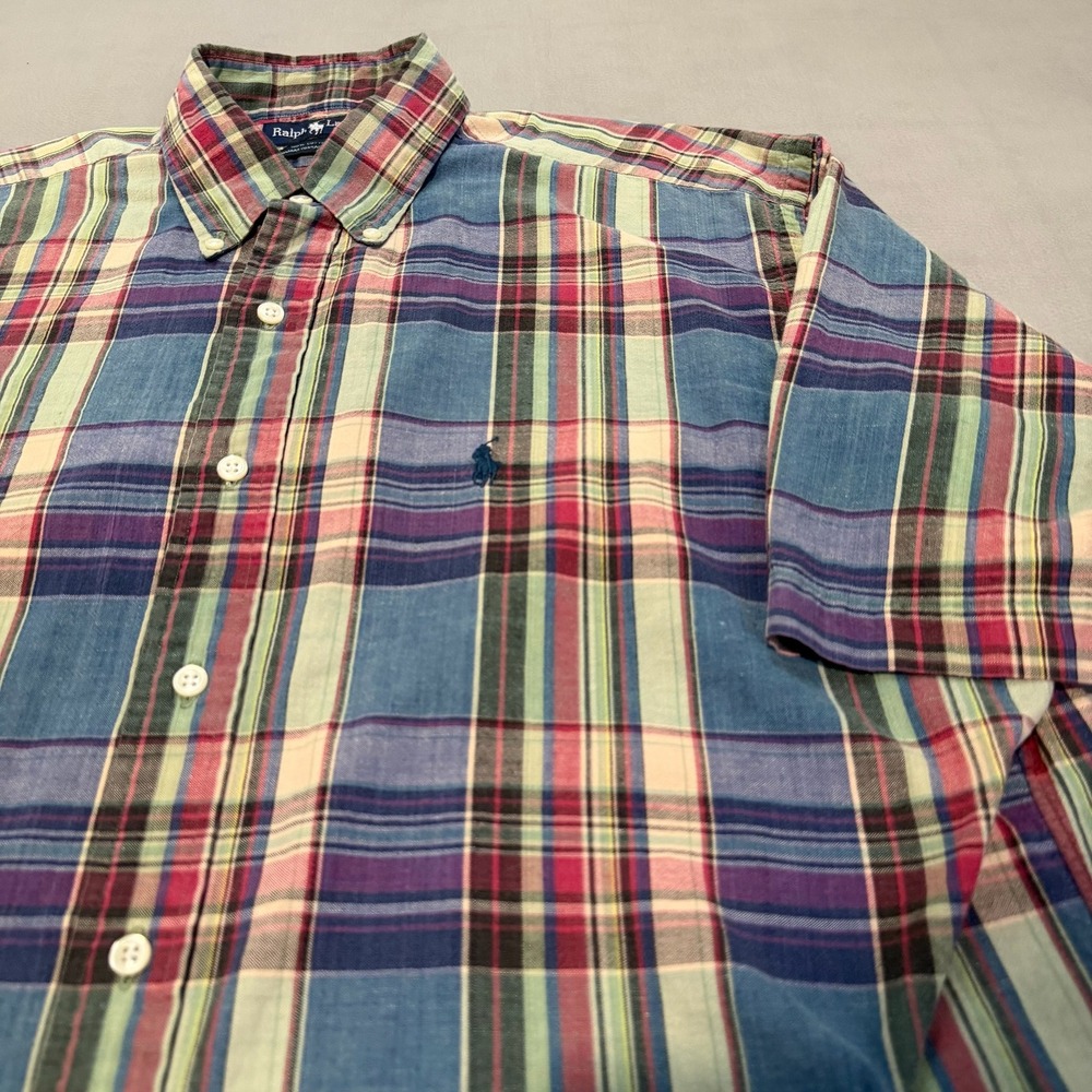VTG Ralph Lauren Men Madra Plaid Check Gingnam Short Sleeve Pony Button Shirt-M-